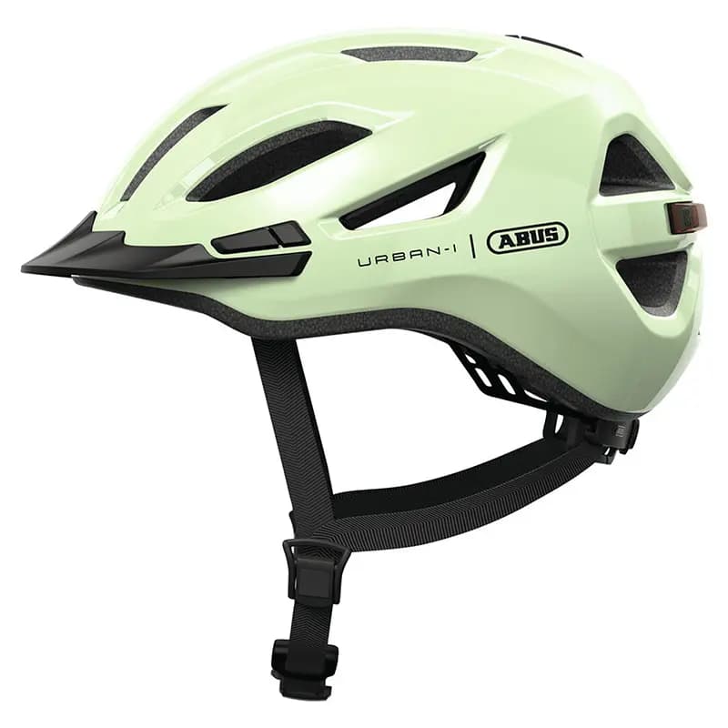 Casque vélo adulte Abus Urban-I 4.0 vert pistache taille L (57-61 cm) réglage molette éclairage arrière USB